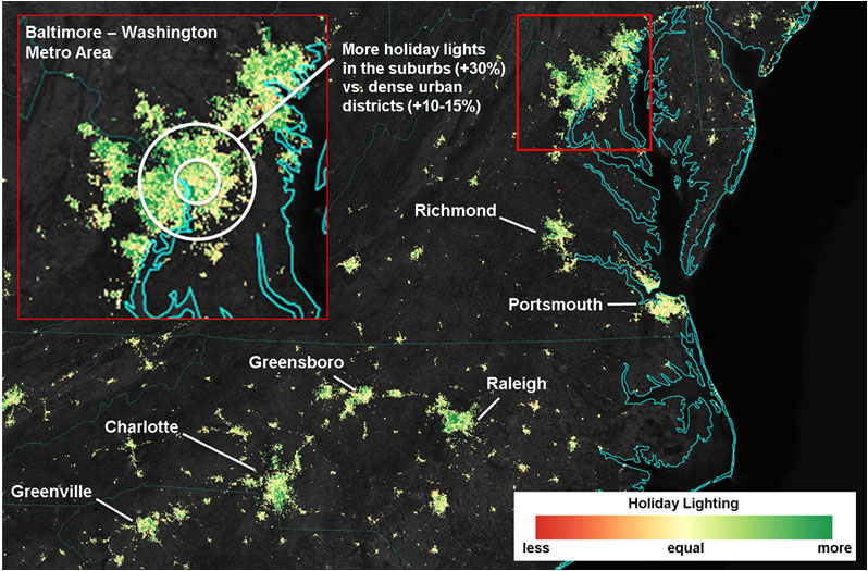 Suomi NPP imaged the difference between regular lights and lights during the holiday period in December in this satellite image.