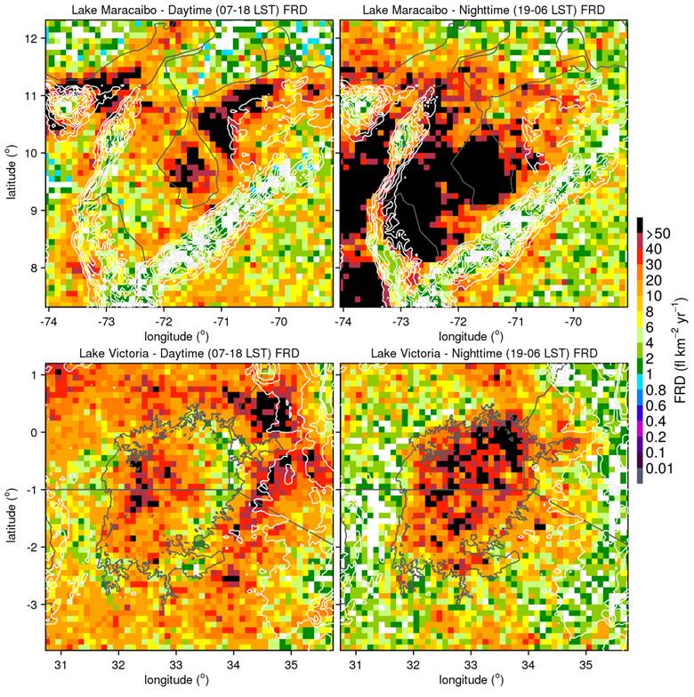 Daytime and nighttime lightning flash rate density at Lake Maracaibo (top) and Lake Victoria (bottom).