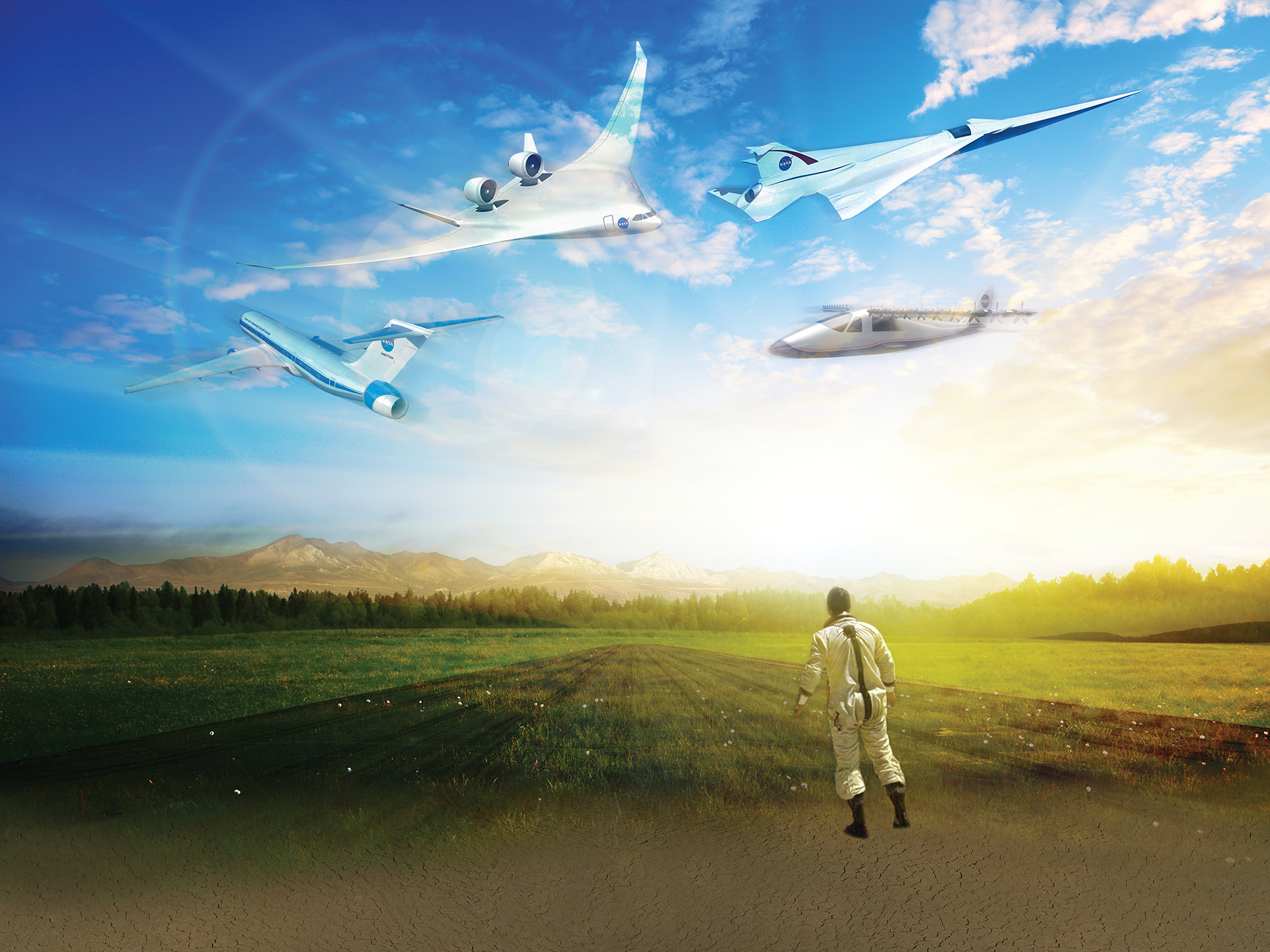 Artist concept of future aircrafts flying above NASA pilot Bill Dana.