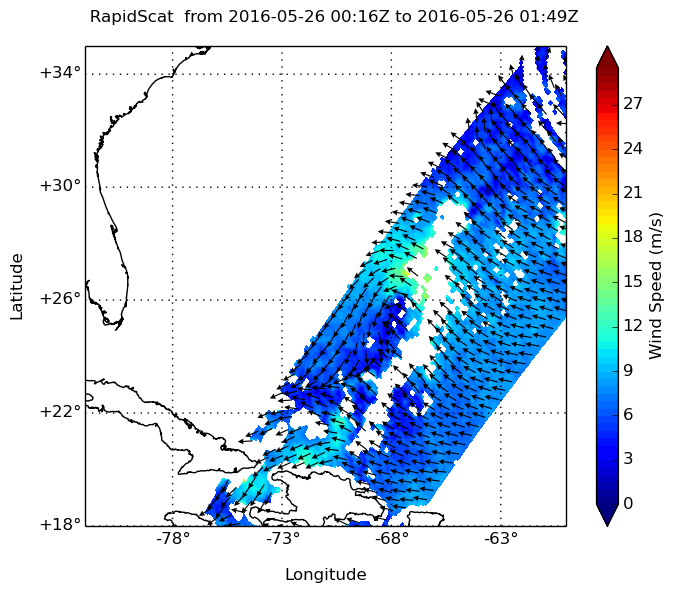 On May 26 at 0100 UTC RapidScat saw strongest sustained surface winds northeast of the center in System 91L.