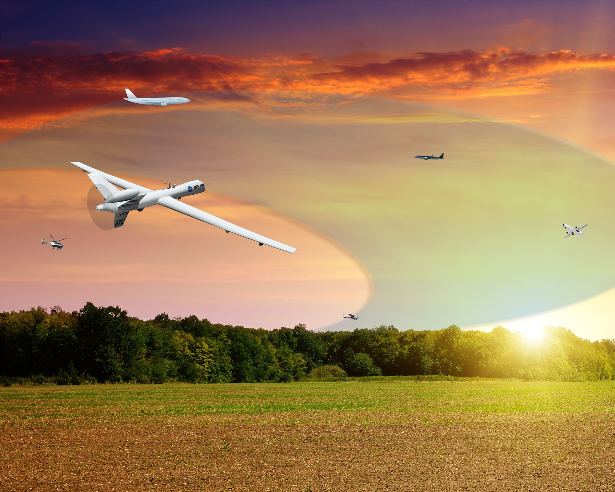 Sense and Avoid Performance graphic, showing various types of aircraft flying over a field during sunrise.