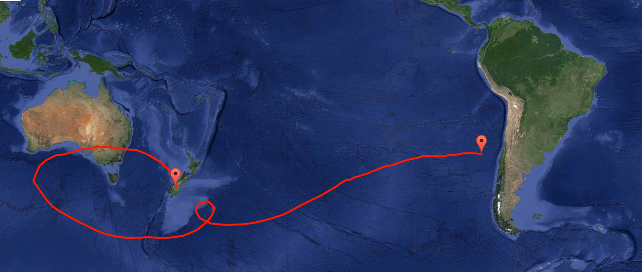 Google map view of Australia and South American, with a red line representing the flight path of the super pressure balloon.