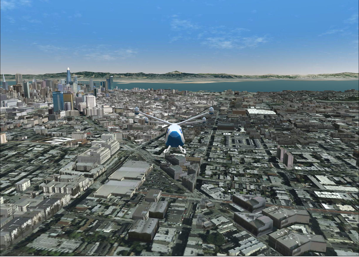 Screenshot from a simulation showing a UAM vehicle flying above buildings and roads of San Francisco.