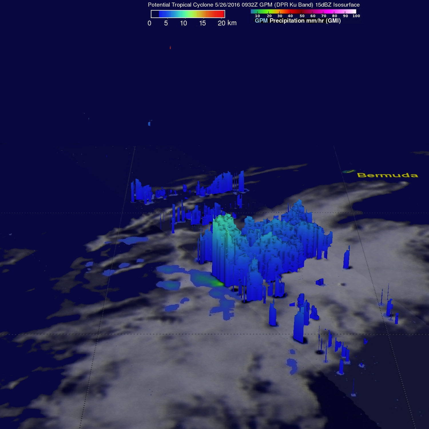 GPM data was used to show the 3-D vertical structure of rainfall within the potential cyclone. 