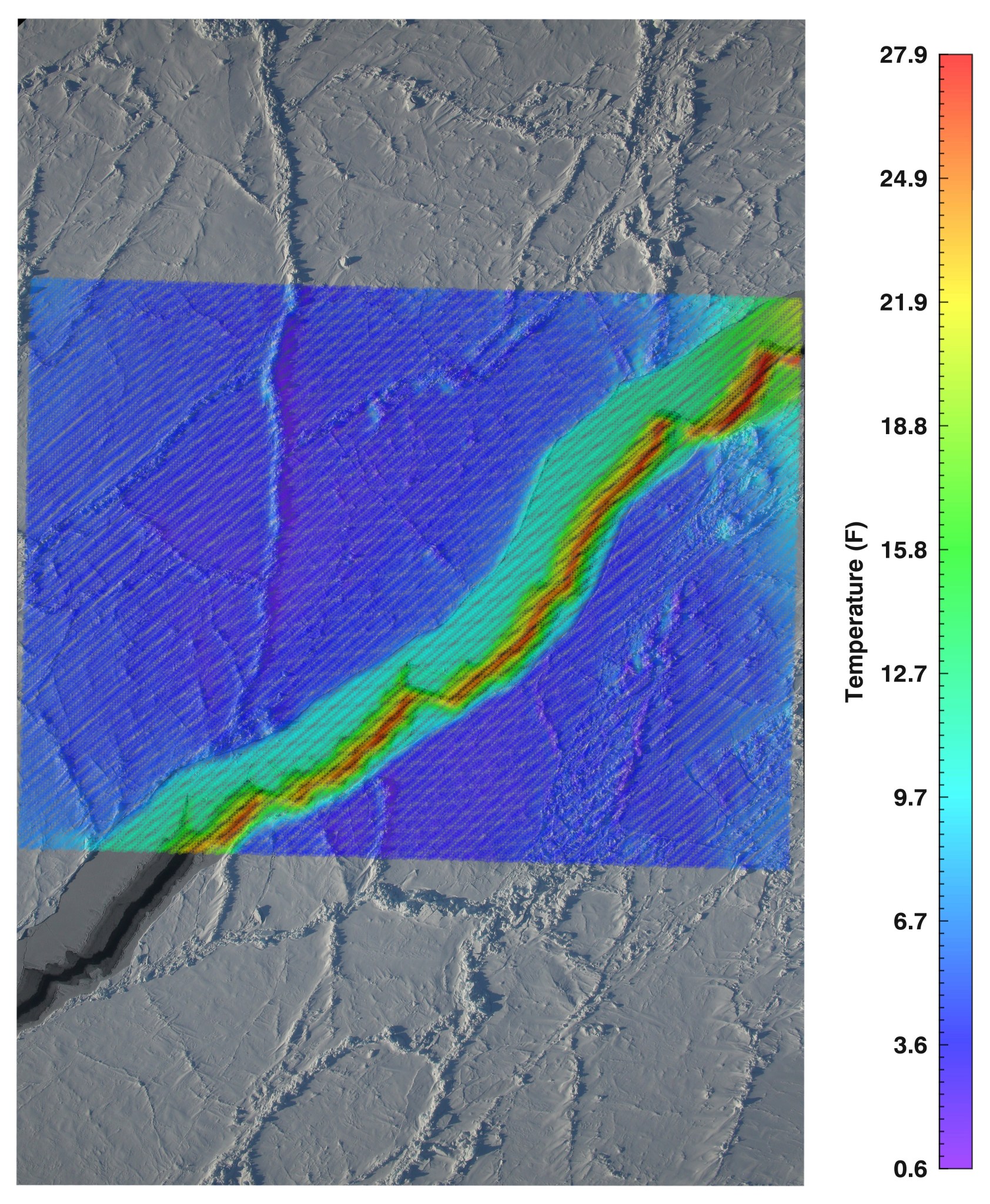aerial view of sea ice with infrared overlay and crack