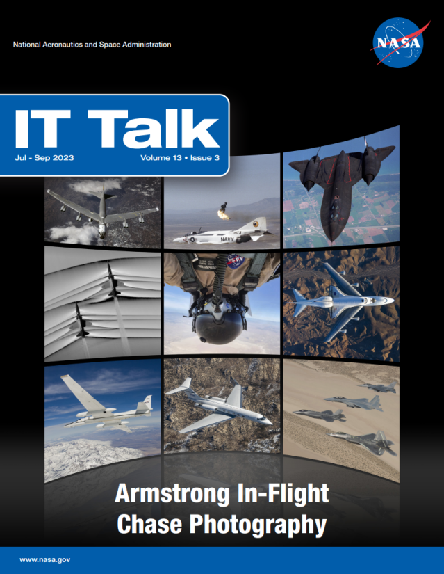 IT Talk July-September 2023 issue cover. 9 photos of test planes or photographers. Title: Armstrong In-Flight Chase Photography