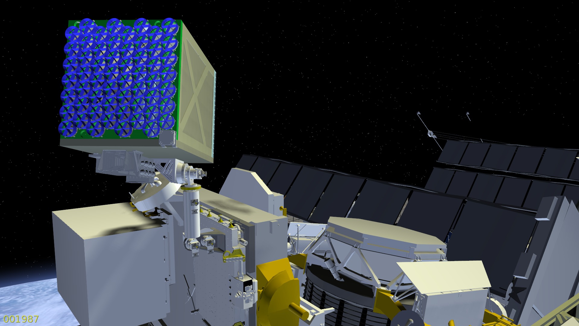 Artist concept of payload attached to International Space Station. The payload is a cube with one blue gridded side.