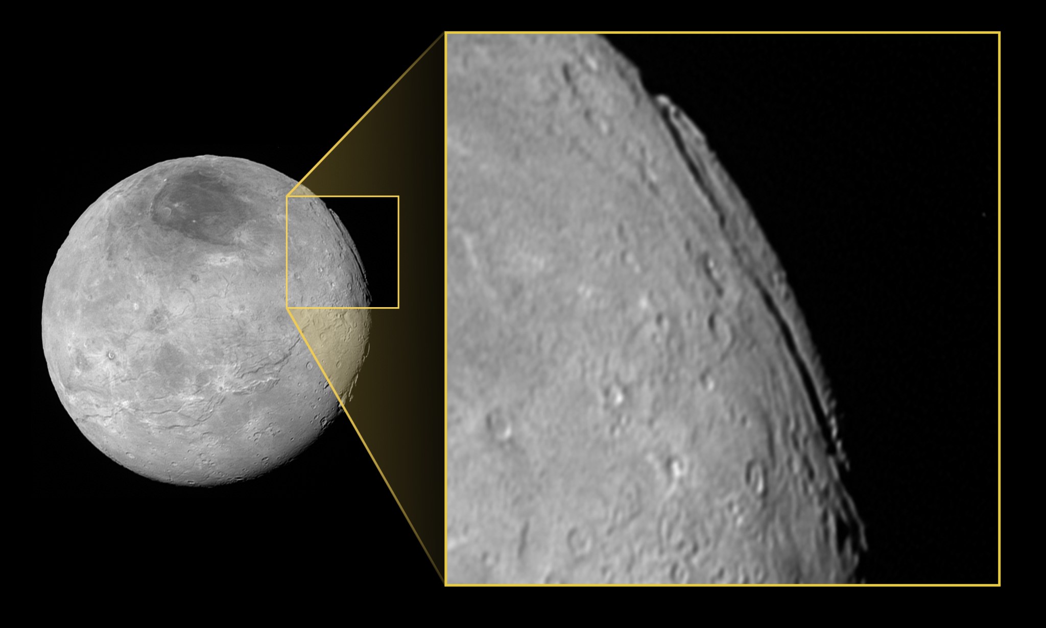 Pluto’s largest moon, Charon, is home to an unusual canyon system that’s far longer and deeper than the Grand Canyon. 