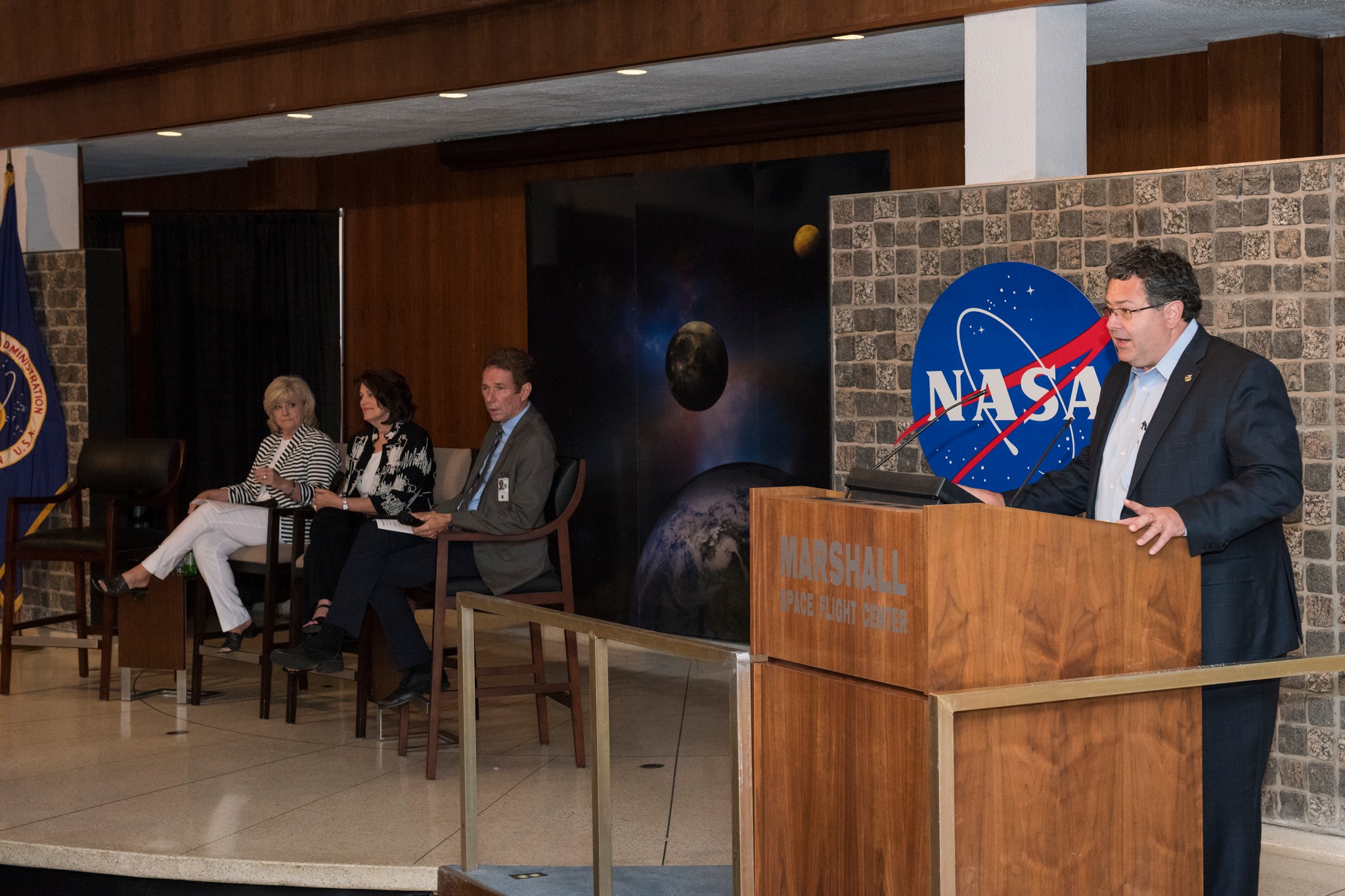 NASA Marshall Space Flight Center Director Todd May talks about his vision for the center during an all-hands meeting June 22.