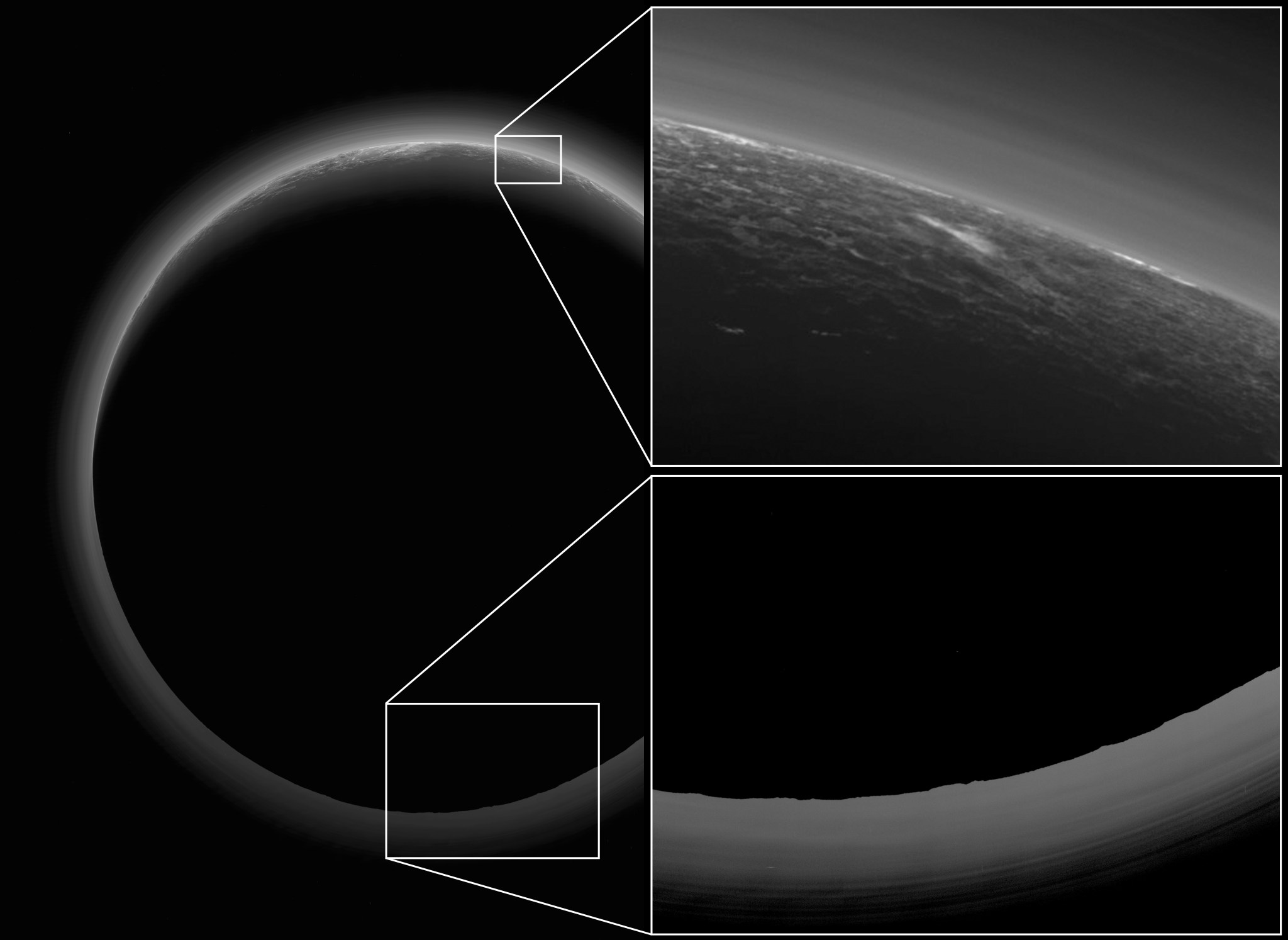 Sunlight filters through and illuminates Pluto’s complex atmospheric haze layers