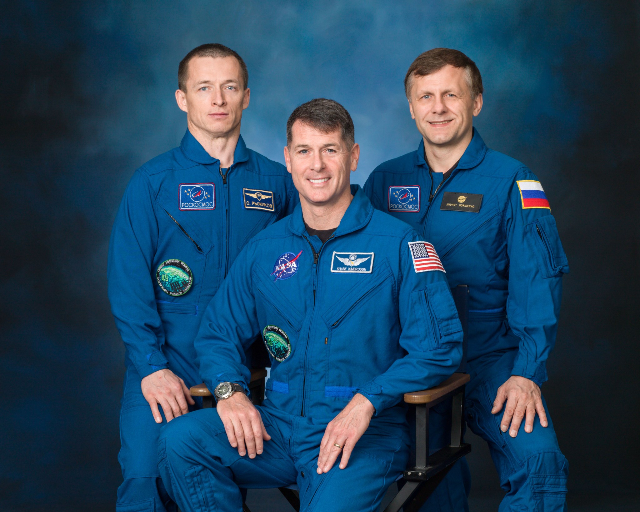 Sergei Ryzhikov of the Russian space agency Roscosmos, Shane Kimbrough of NASA, and Andrei Borisenko of Roscosmos