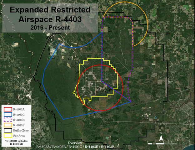 Map of Overview of Ranges R-4403A, R-4403B, R-4403C, R-4403E and R-4403F at Stennis Space Center