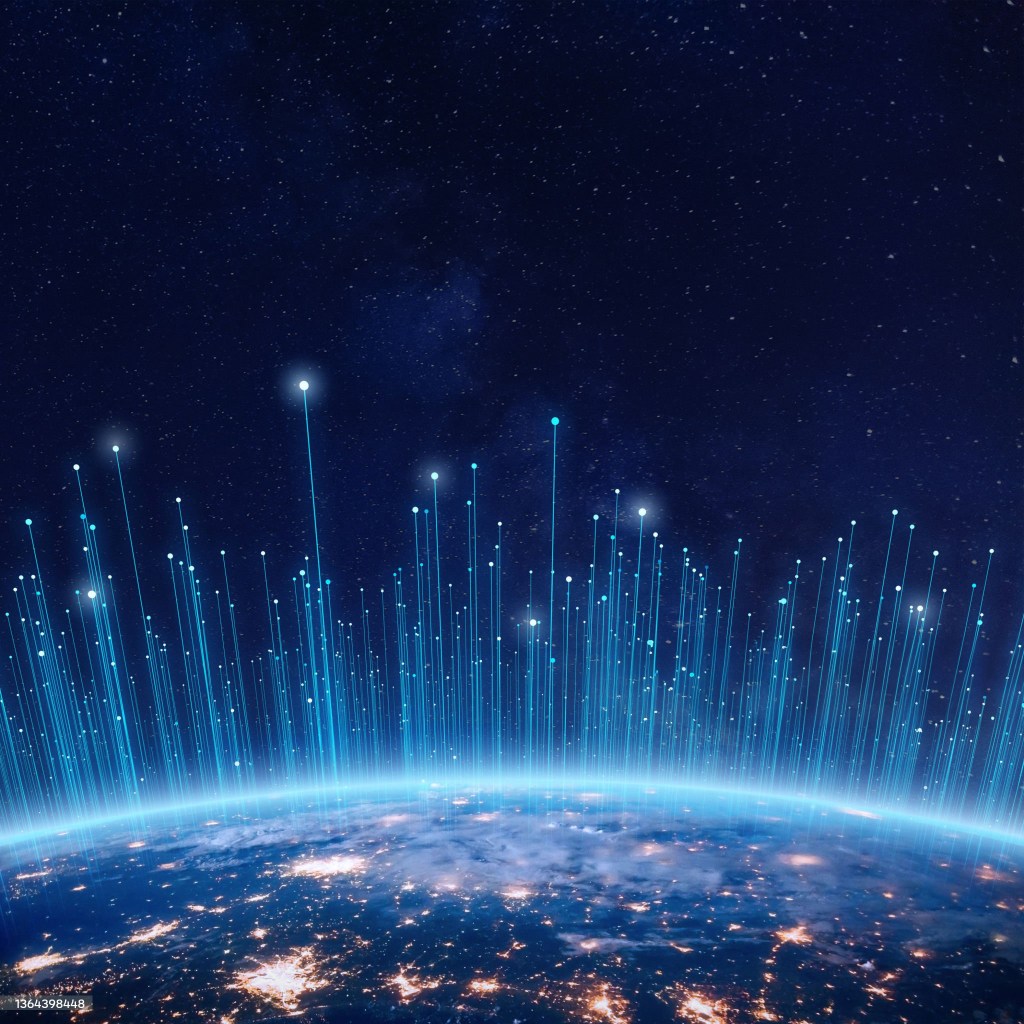 Communication technology with connections around Earth viewed from space. Internet, IoT, cyberspace, global business, innovation, big data science, digital finance, blockchain. Elements from NASA
