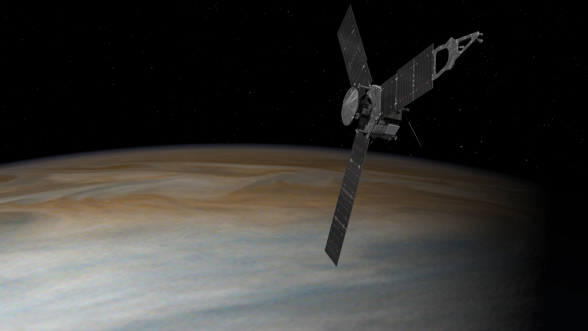 This illustration depicts NASA's Juno spacecraft in orbit above Jupiter
