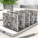 Bookcase with books on a smartphone screen on a desktop. Electronic library in a mobile phone. Distance education and self-study. Books online. Creative conceptual 3D rendering