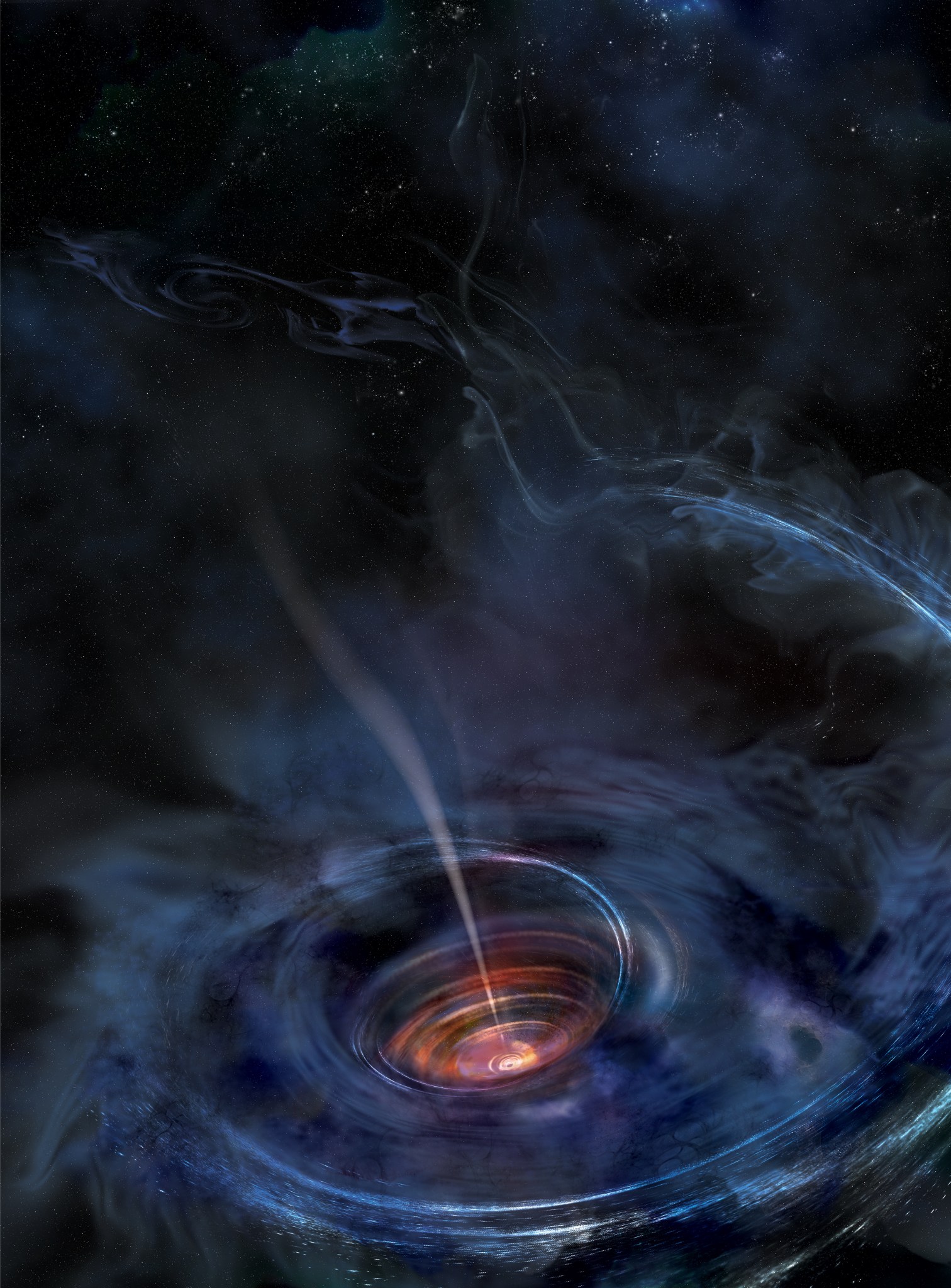 Thick accretion disk around supermassive black hole, stellar debris falling toward black hole, X-ray light burst near center