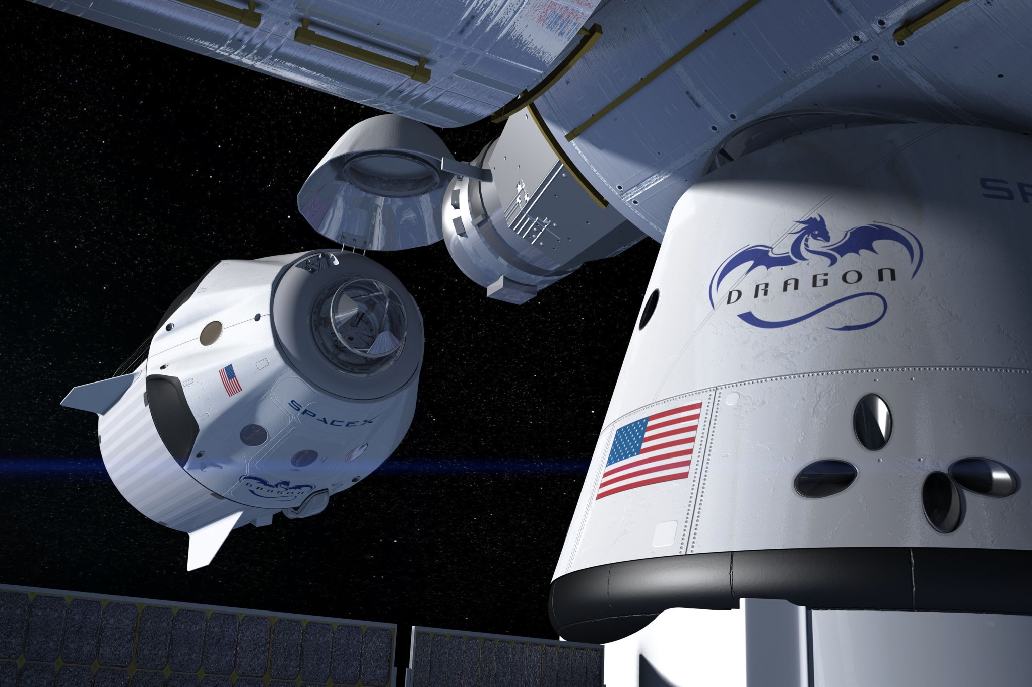 artist's concept shows a SpaceX Crew Dragon docking with the International Space Station