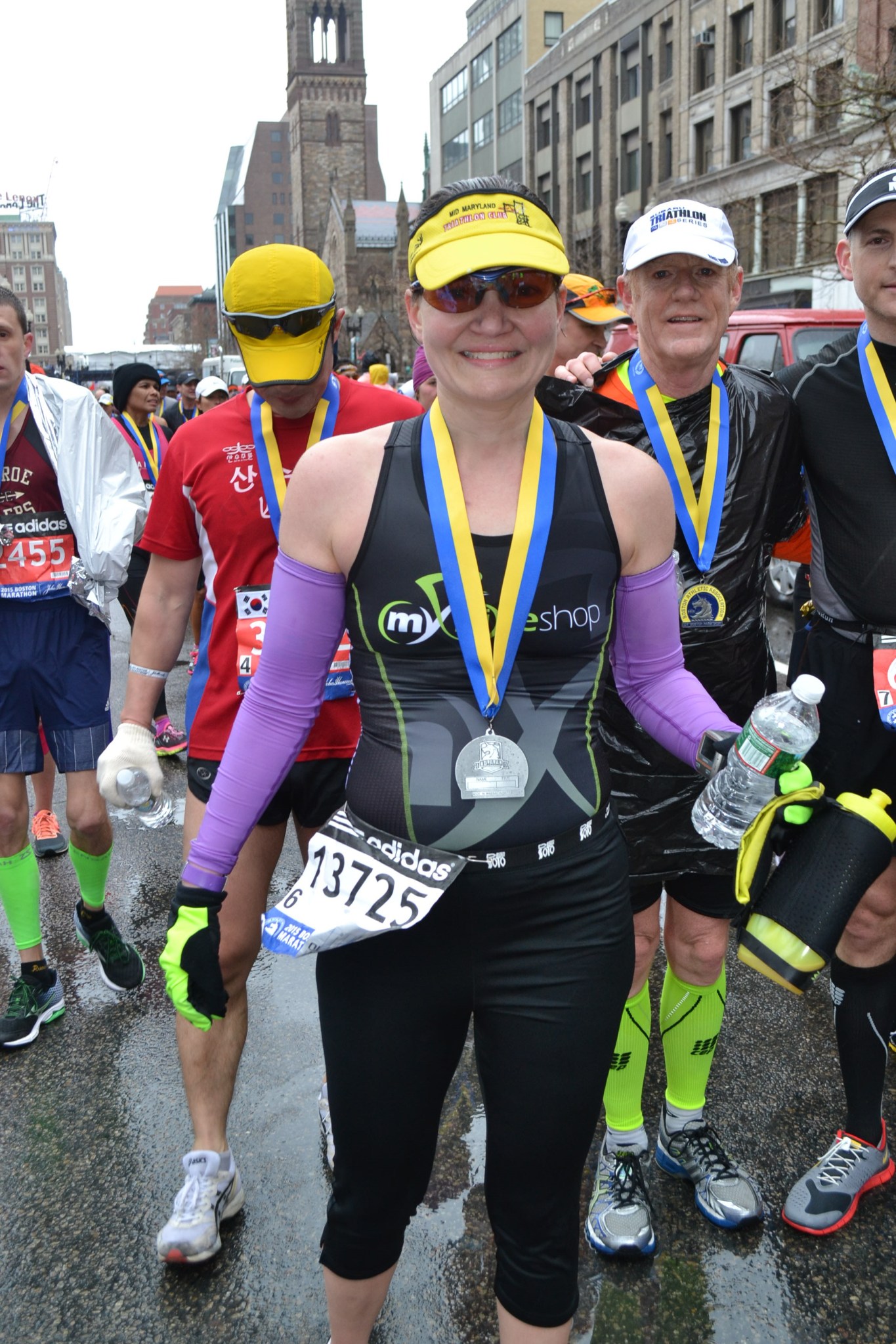 Finishing the Boston Marathon in 2015.