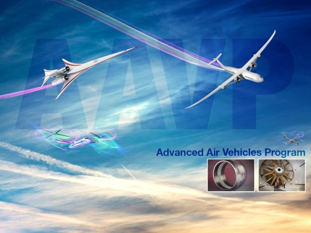Advanced Air Vehicles Program graphic showing various aircraft in flight against a cloud streaked blue sky with the letters AAVP ghosted in the background. There are also two small images on the bottom right of a composite material and a wind tunnel image.