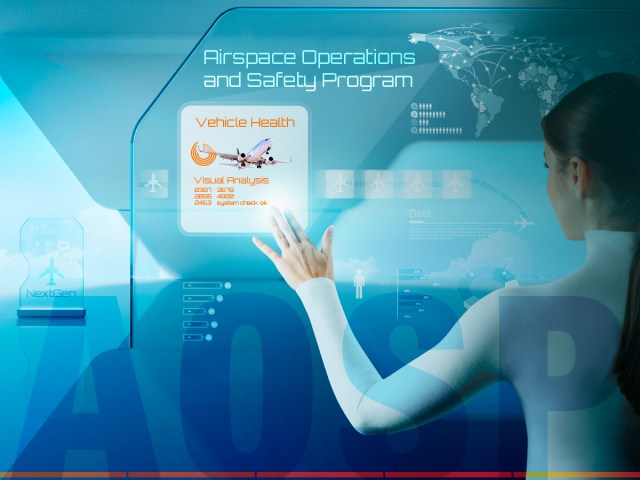 Airspace Operations and Safety Program graphic of an artist rendering  showing futuristic touch screen monitor with a young female airspace control operator touching the vehicle health option.