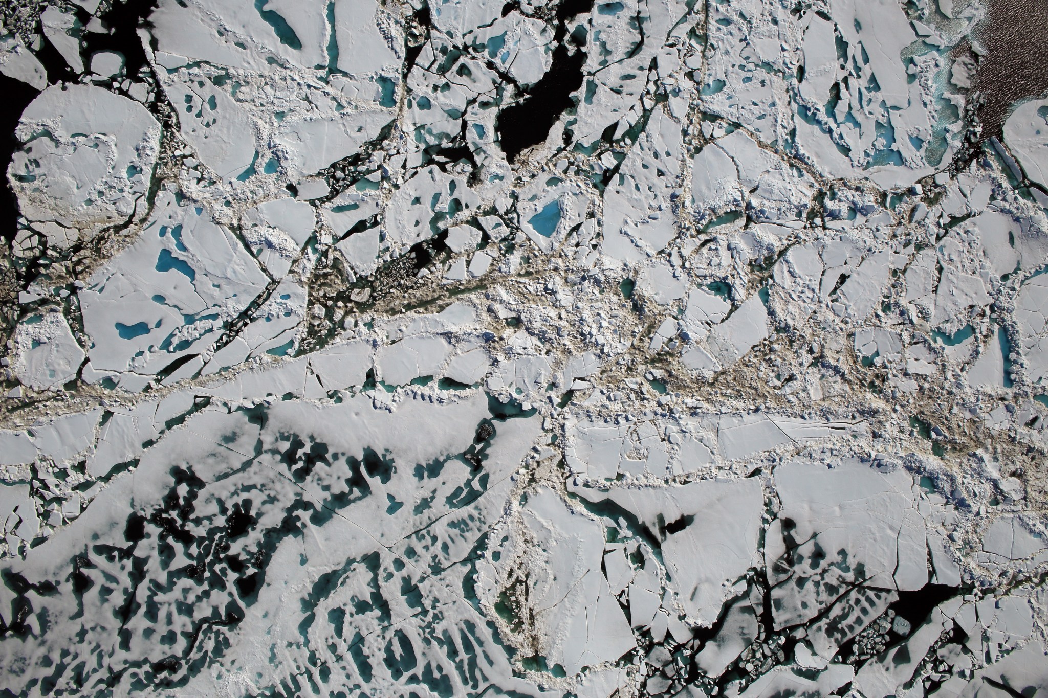 overhead view of sea ice showing brown sediments