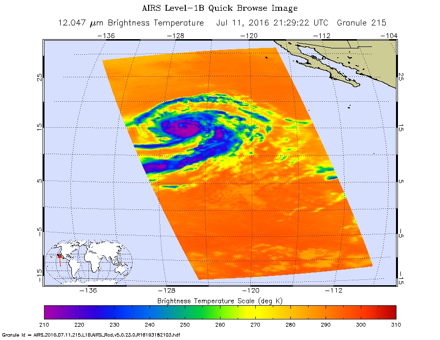 On July 11 the AIRS instrument aboard NASA's Aqua satellite captured this false-colored view of Hurricane Celia's clouds.