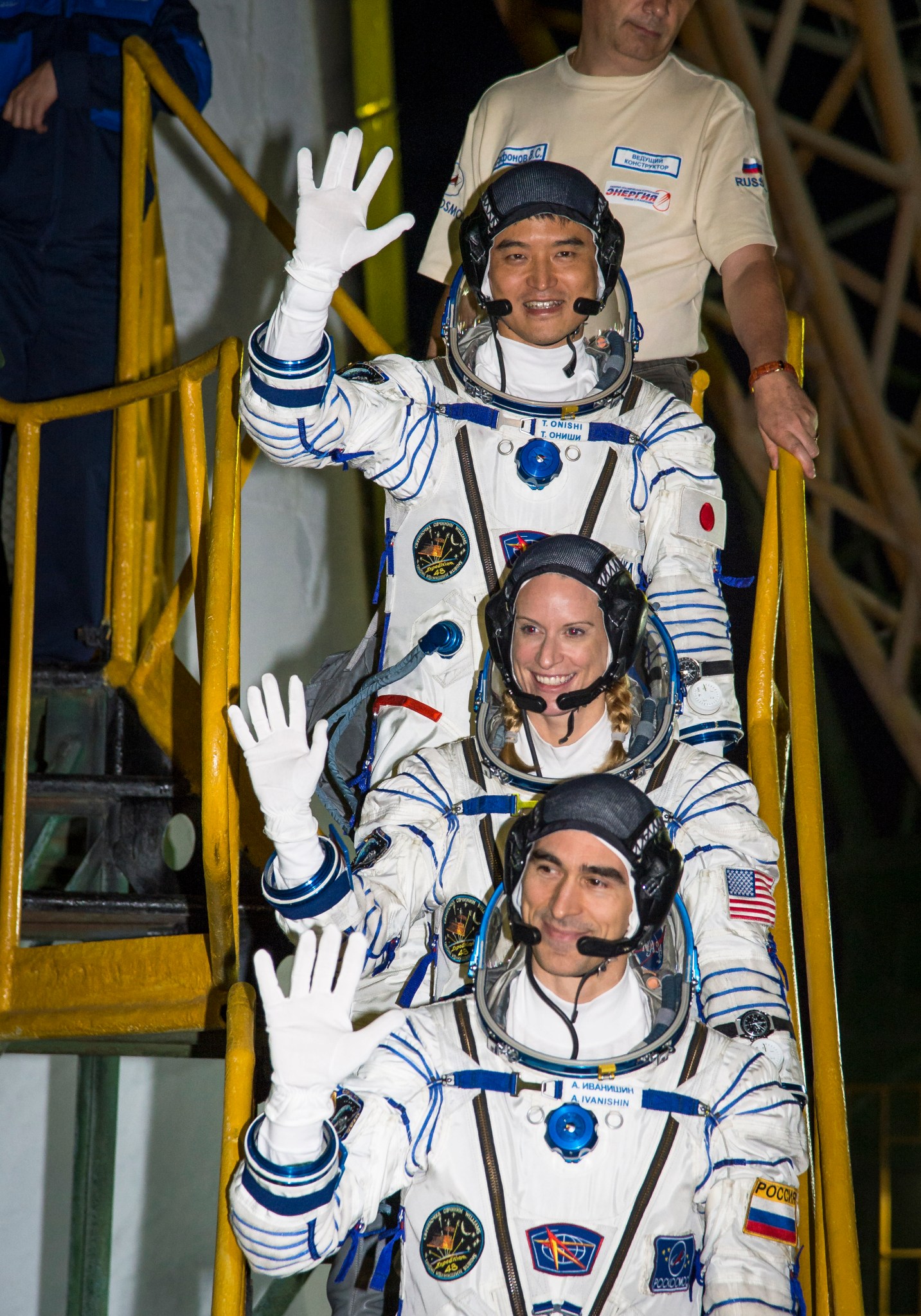 Expedition 48-49 crew members Japanese astronaut Takuya Onishi of JAXA, Kate Rubins of NASA and Anatoly Ivanishin of Roscosmos