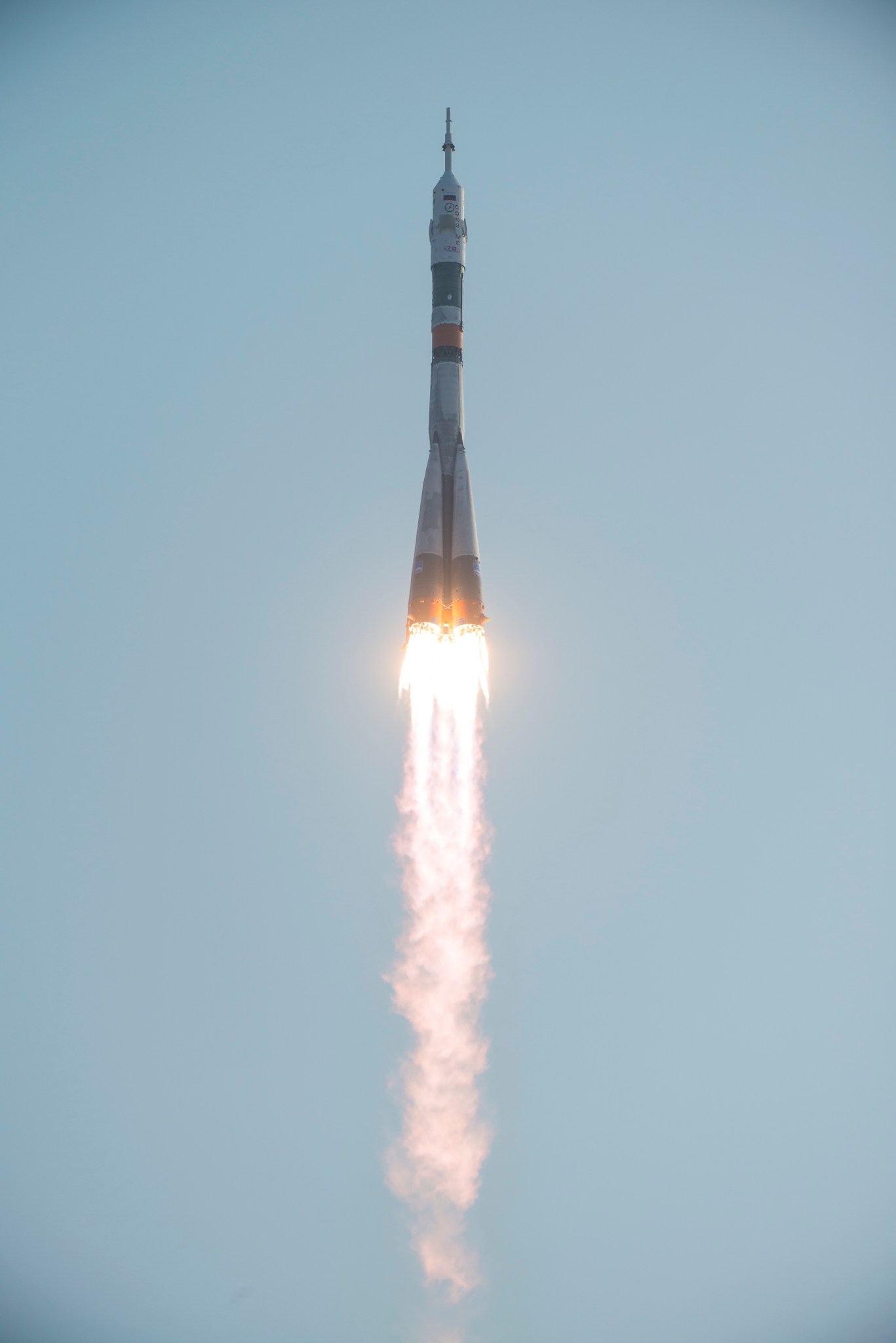 Soyuz MS-01 spacecraft launches from the Baikonur Cosmodrome with Expedition 48-49 crew members
