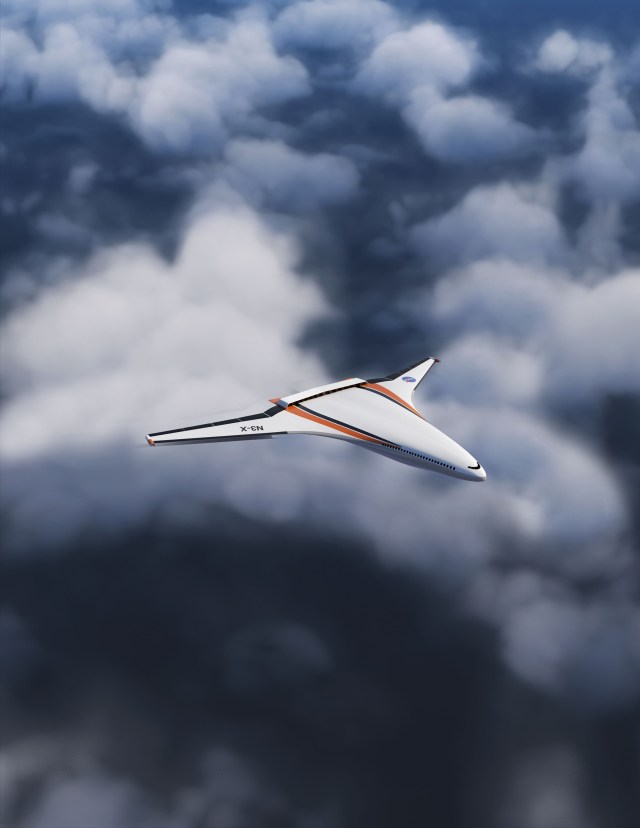 Artist concept of a hybrid wing body flying above the clouds.