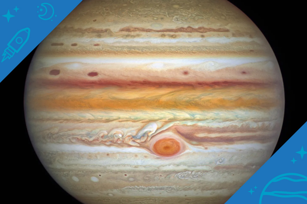 Photo of Jupiter showcasing its bright orange, yellow, red, and white stripes and the Red Spot.