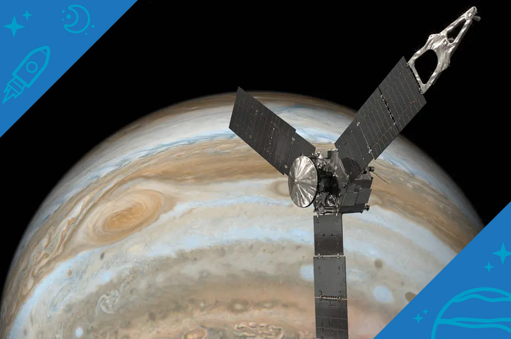 This illustration depicts NASA's Juno spacecraft soaring over Jupiter’s south pole