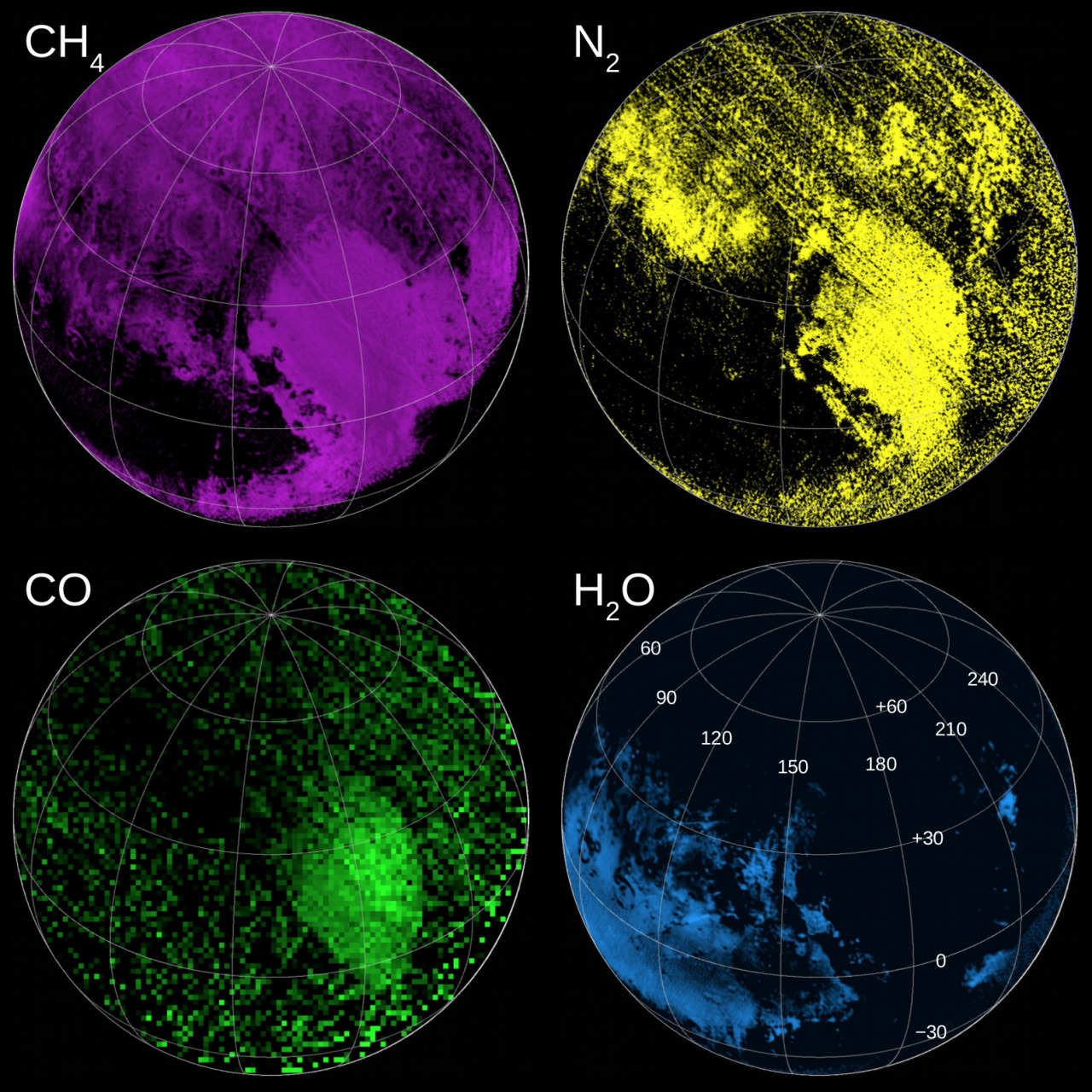 These compositional maps indicate the regions rich in ices of methane, nitrogen and carbon monoxide, and water ice.