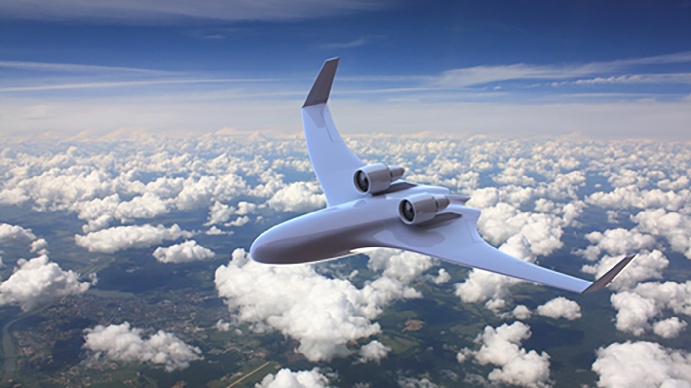 Artist computer generated concept of a environmentally responsible aircraft in flight.