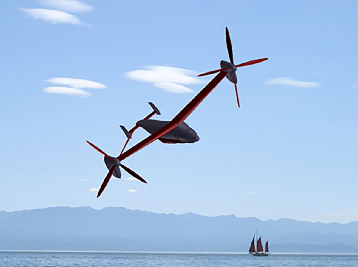 Artist concept of the V.E.L.A. aircraft in flight.