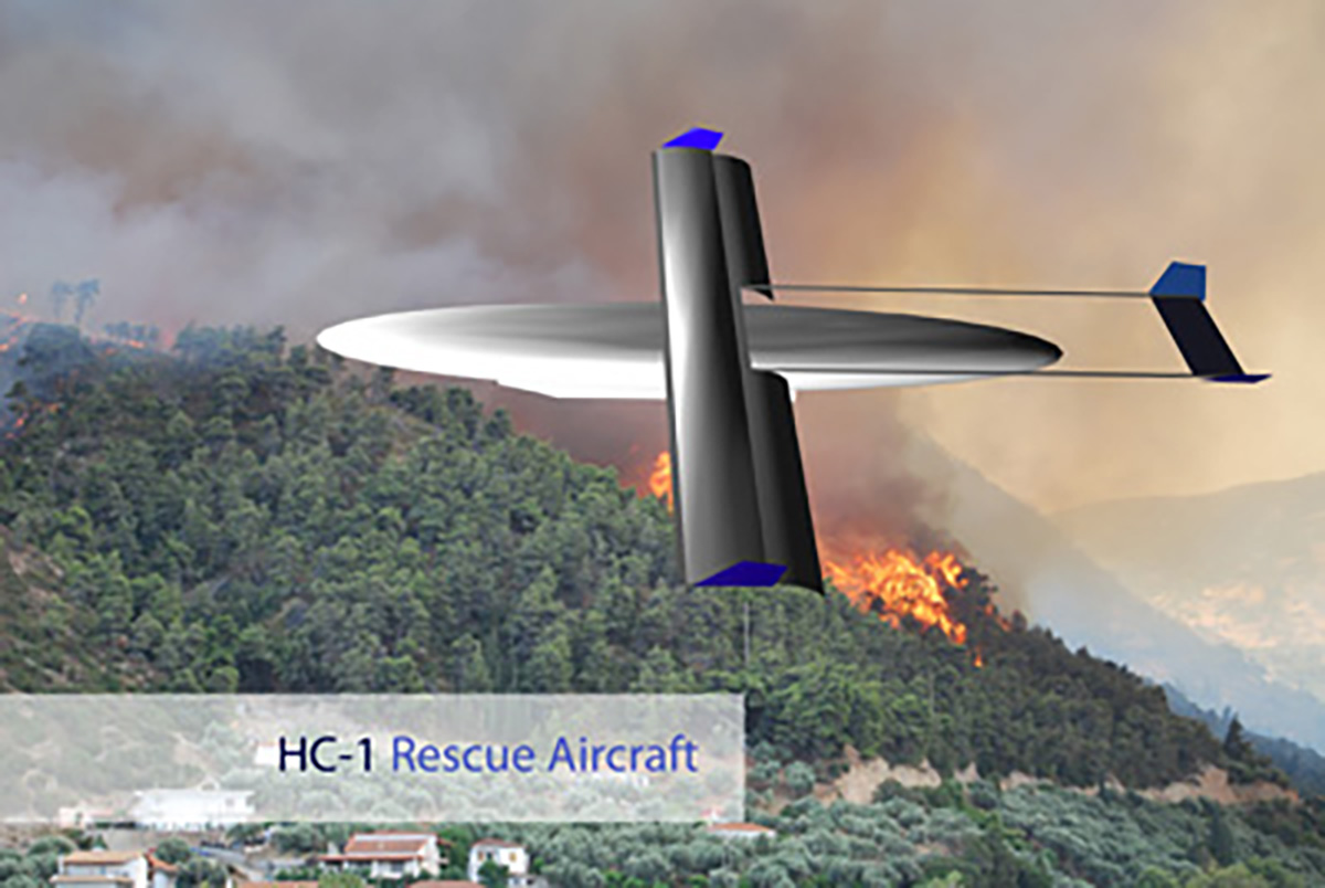 Artist computer generated concept of the HC-1 aircraft flying above a forest fire.