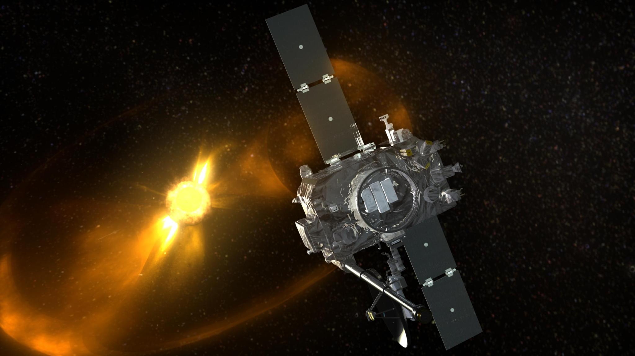 An illustration shows one of the STEREO spacecraft in the foreground and the Sun in the background.