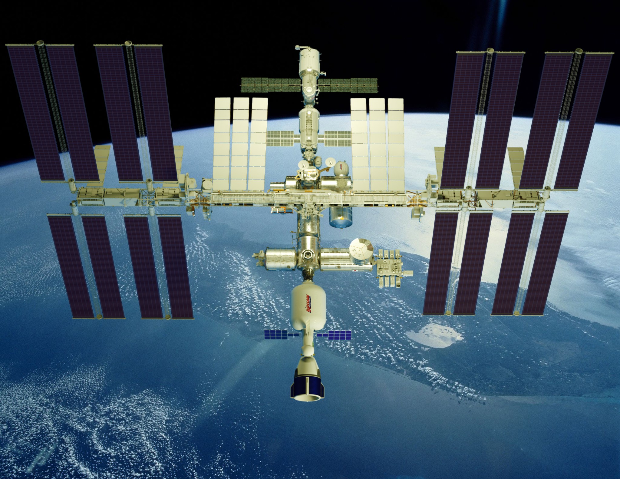 Concept image of Bigelow Aerospace's XBASE docked to the International Space Station.
