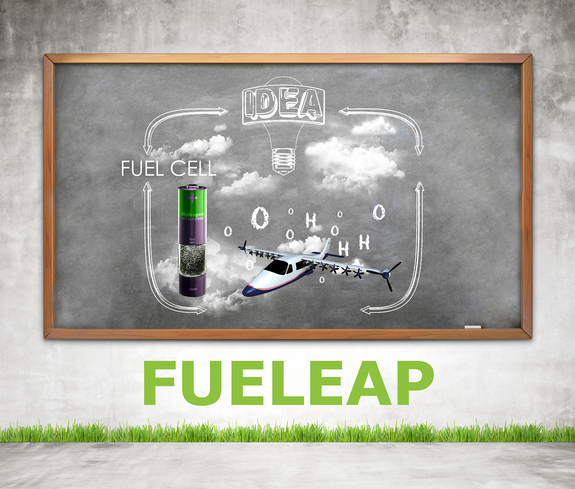 Artist concept of a chalk board showing fuel cell and an electric airplane with oxygen and hydrogen around it.