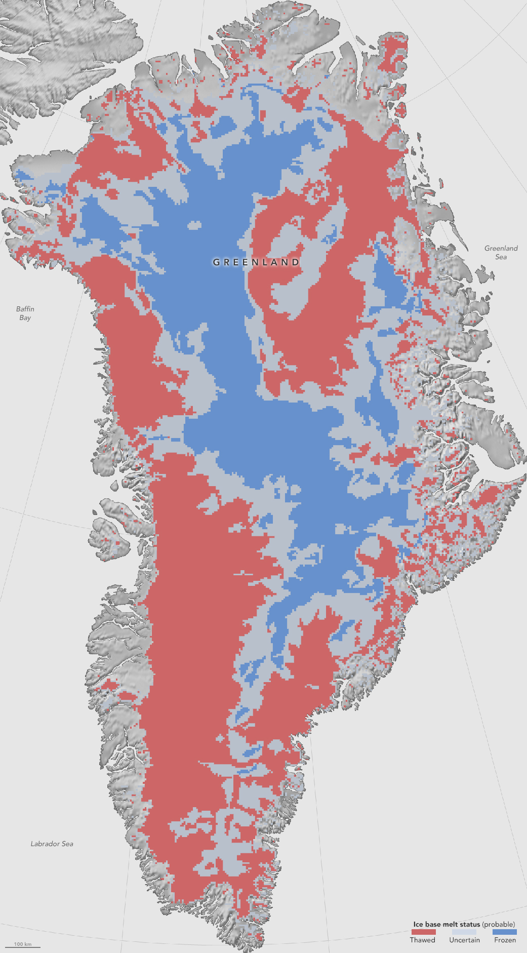map of greenland with data in blue and red