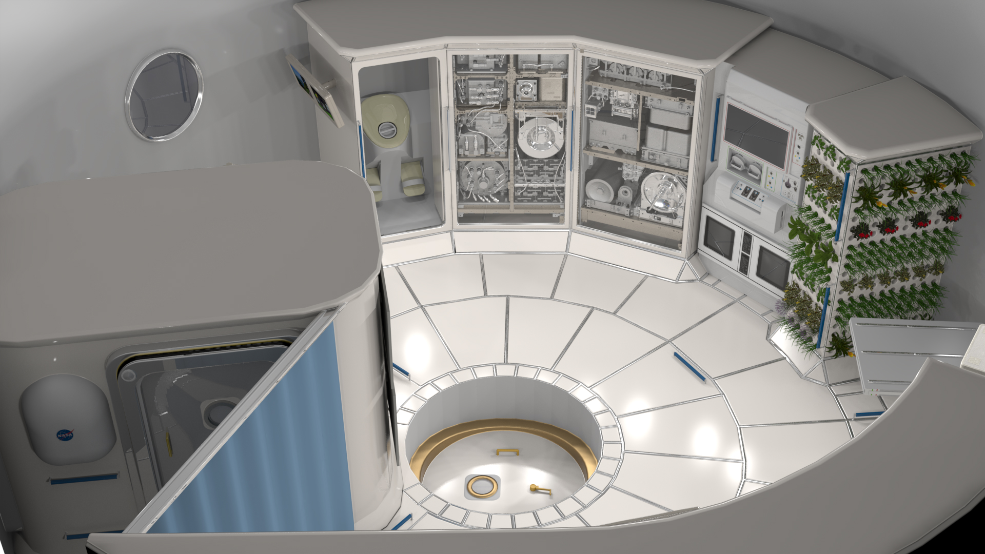 Concept image of the interior of a deep space habitat. 