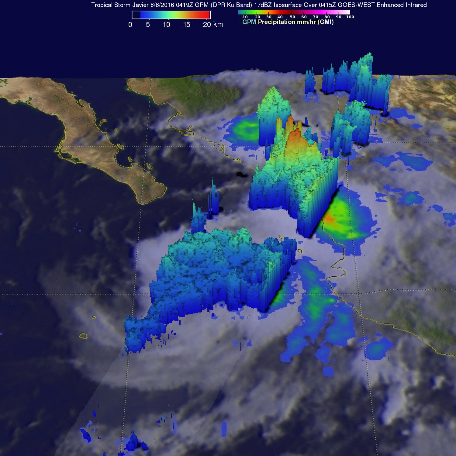 GPM measurement of rainfall in Tropical Storm Javier