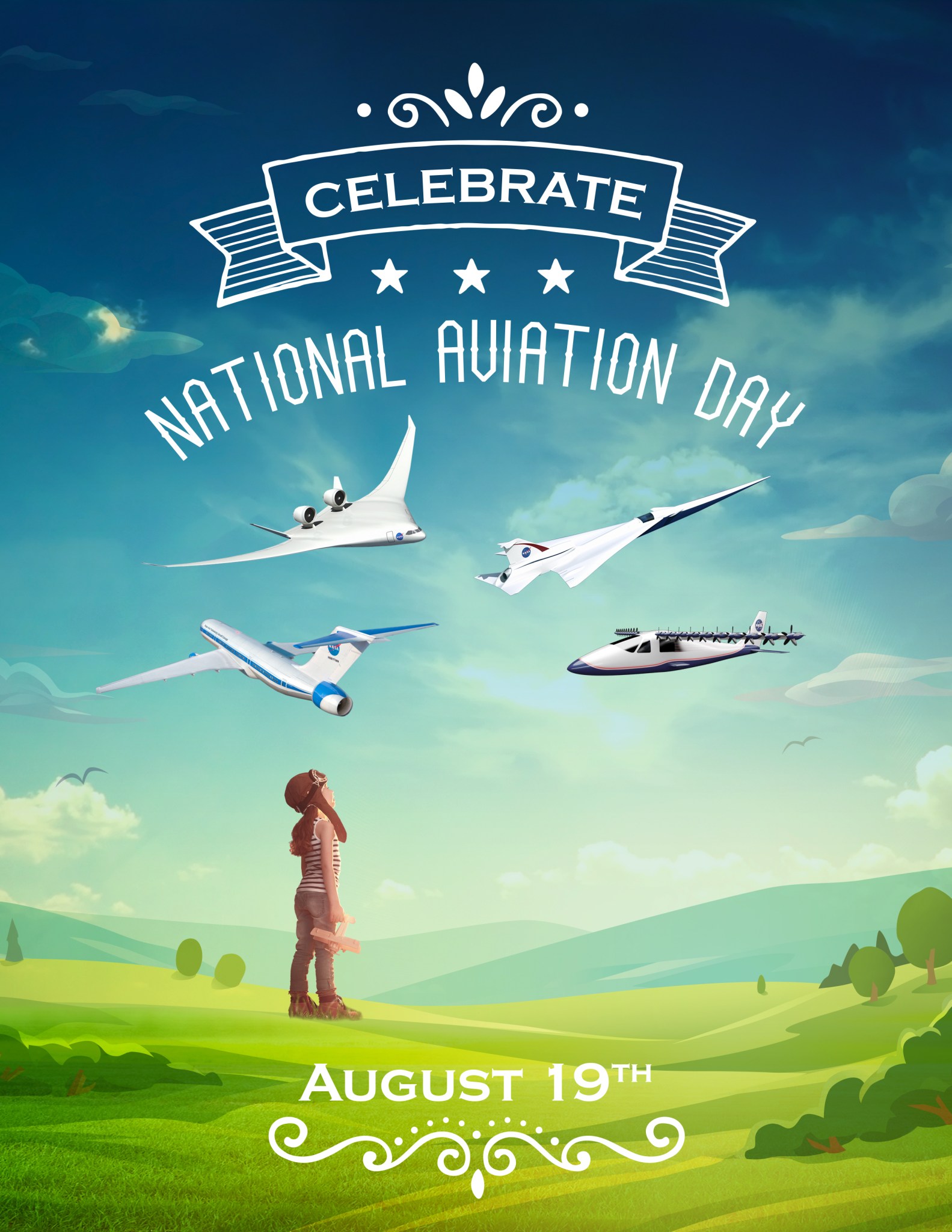 National Aviation Day 2016 illustration, showing a little girl looking up into the sky at possible future aircraft.