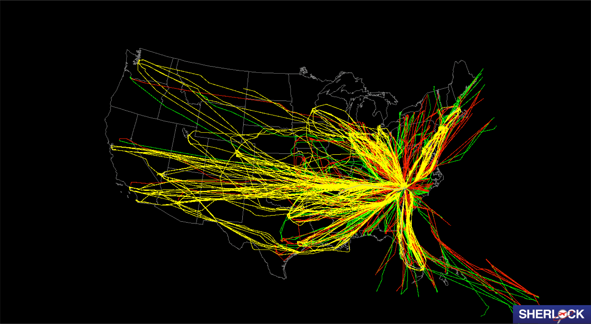 Screen capture of NASA's Sherlock Air Traffic Management Data showing one day of air traffic for Charlotte-Douglas International Airport.