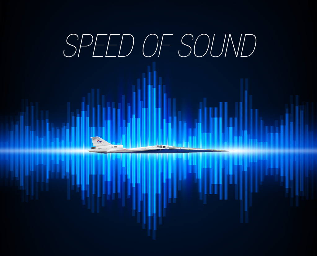 Speed of Sound cover showing a noise graphic on a dark blue background with the X-59 flying in between it.