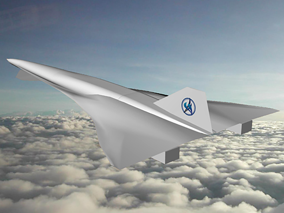 Artist computer generated concept of a hydrogen fueled Low Boom SST aircraft in flight.