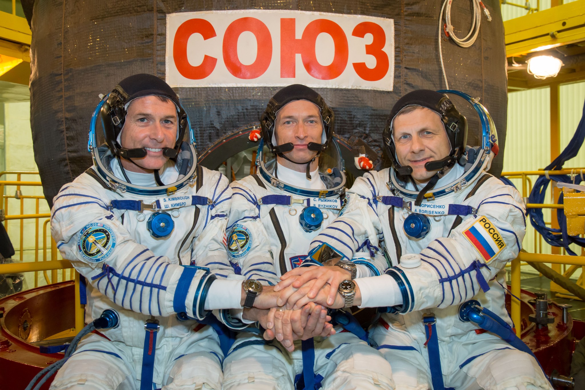 Expedition 49 crewmembers Shane Kimbrough of NASA and Sergey Ryzhikov and Andrey Borisenko of the Russian space agency Roscosmos