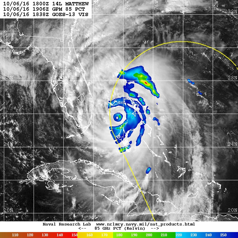 GPM image of Matthew, with the clouds shown in white and precipitation shown in blues and greens.