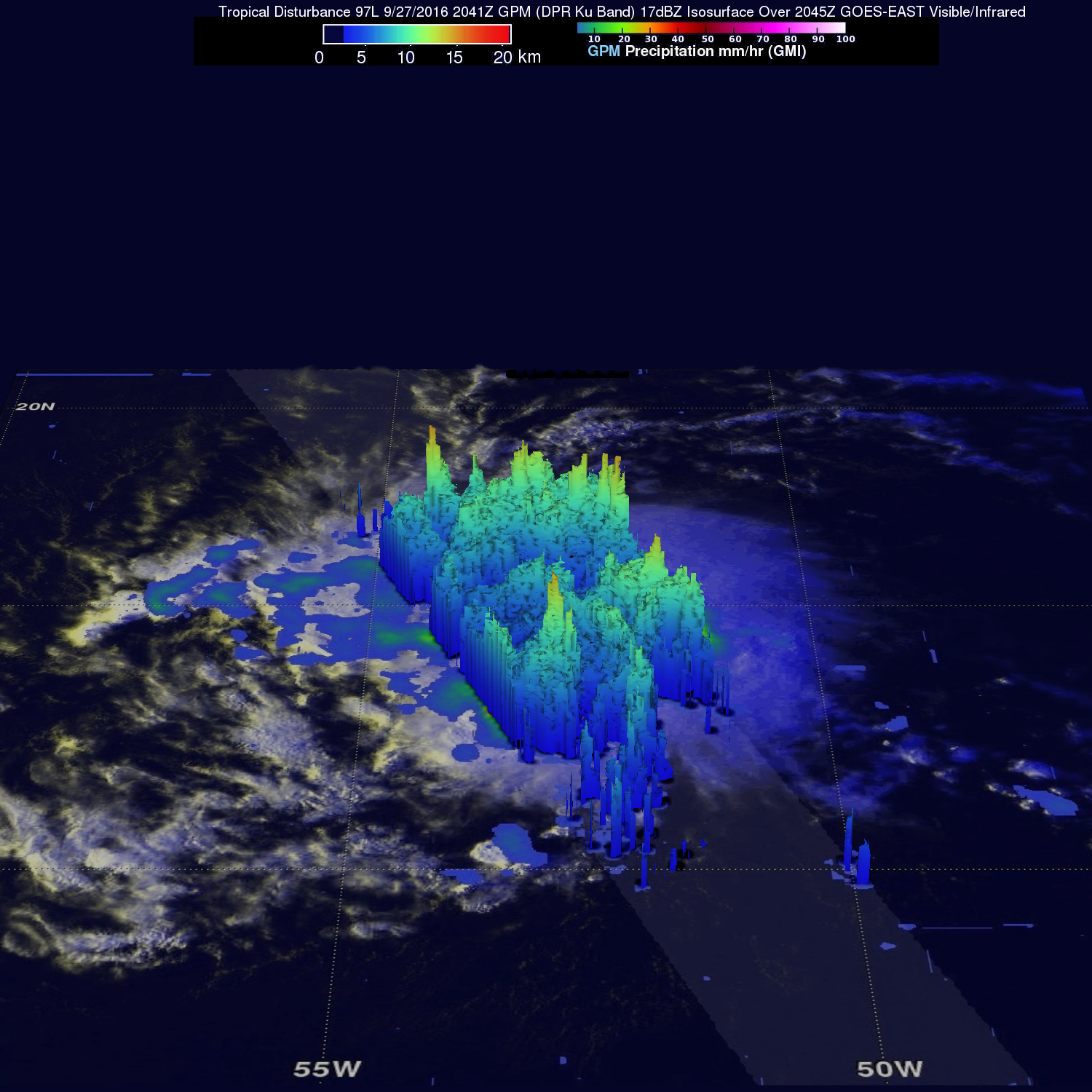 GPM image of Matthew with towers of clouds shown in 3D