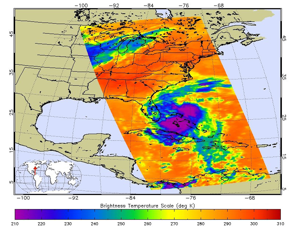 Infrared image of Hurricane Matthew, with the clouds showing up in purples, blues, and greens.