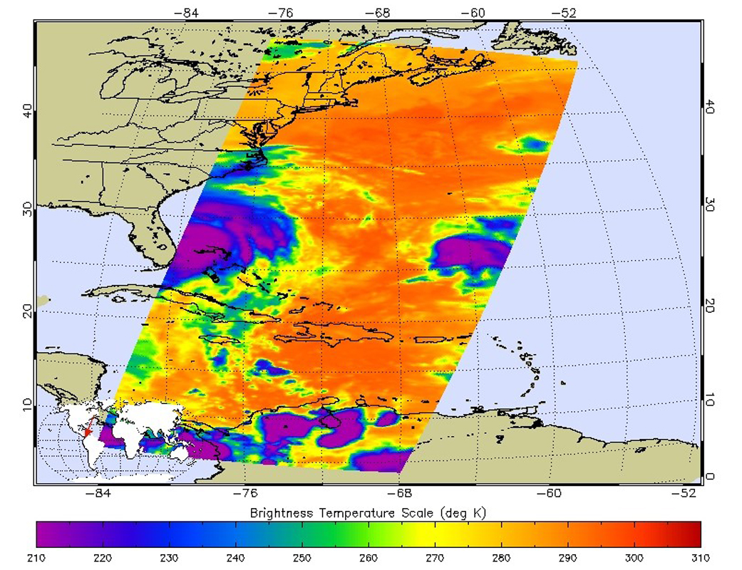 Airs image of Hurricane Matthew, with the temperature of cloud tops shown in oranges, purples, and greens.